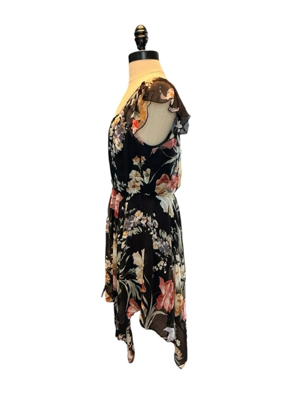 American Rag Floral Sheer Dress Boho Cottagecore Flutter Sleeve Handkerchief Hem - Picture 4 of 11